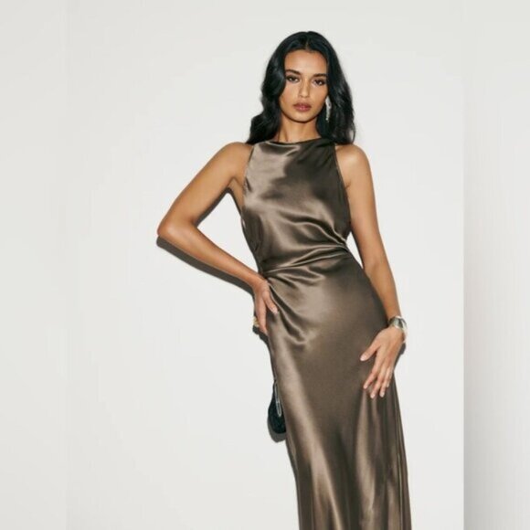 NEW Reformation Anaiis Long Silk Backless Dress Morel Brown | size 4 - Picture 5 of 15